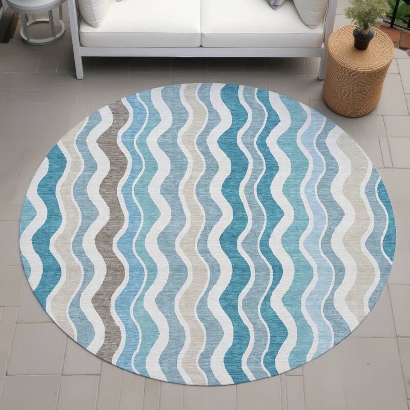 Machine Washable Indoor/ Outdoor Funky Stripe Chantille Rug - Teal - 8' x 8'