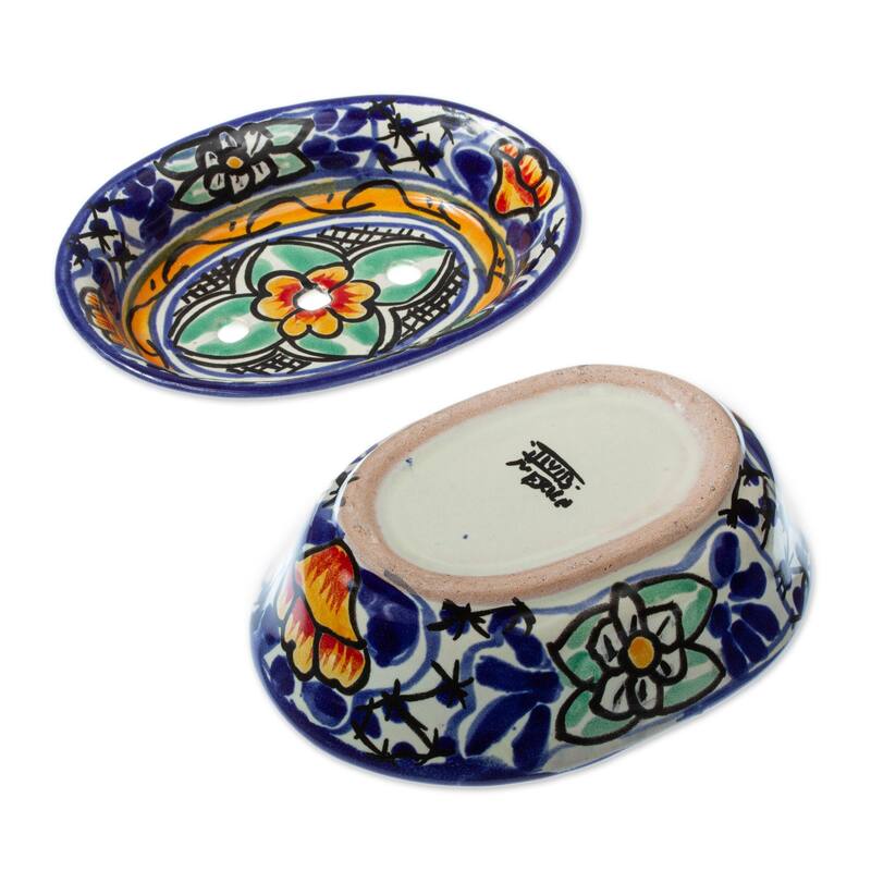 Novica Handmade Cobalt Flowers Ceramic Soap Dish - Multi