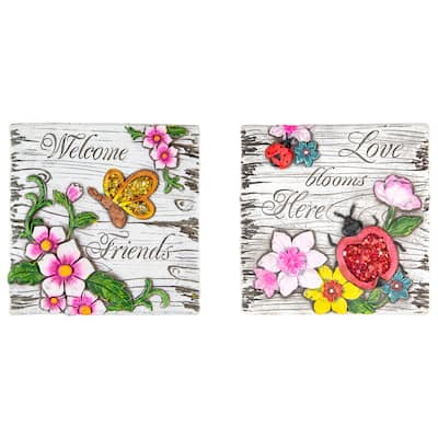 Set of 2 Love Blooms Welcome Friends Floral Outdoor Garden Stones 7"
