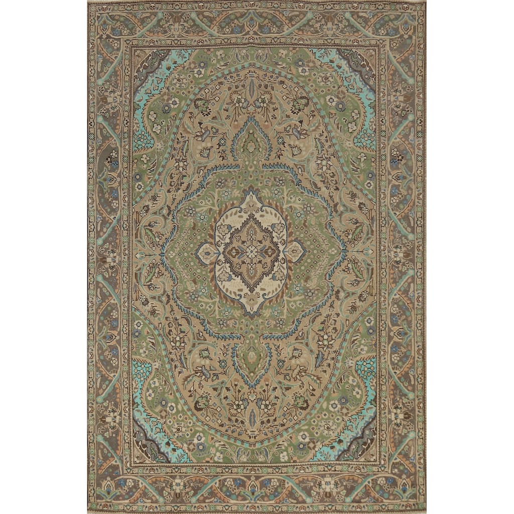 Hand Knotted Oriental 100% Wool Carpet Traditional Floral Brown Tabriz Area Rug - 9' 5'' X 6' 5''