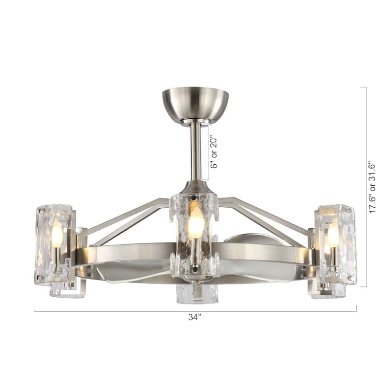 Modern Silver 6-Light 3-Blades Glass Shade Chandelier Ceiling Fan with Light and Remote - 34-in W x 31.6-in H