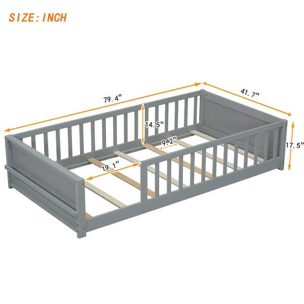 dimension image slide 4 of 6, Twin Size Floor Bed Frame for Kids Bed with Fence Guardrails Endbed Storage Splint Platform Bed - Available with or without Door