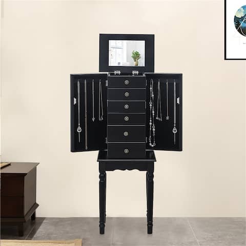 Standing Jewelry Armoire with Mirror, 5 Drawers & 6 Necklace Hooks