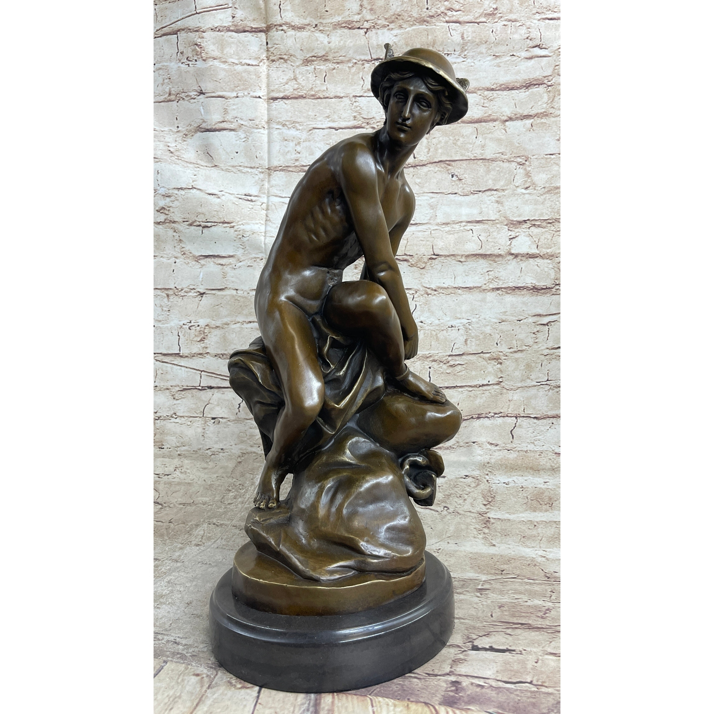 Mercury Hermes Greek Roman God Bronze Statue Sculpture On Marble Base