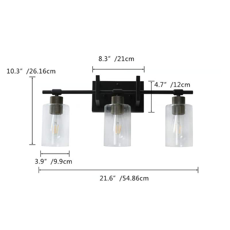 Modern Black 3-Light Cylinder Clear Glass Style Vanity Lamp