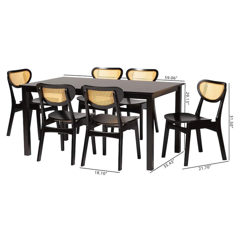 Jeriah Mid-Century Modern Wood and Woven Rattan 7-Piece Dining Set