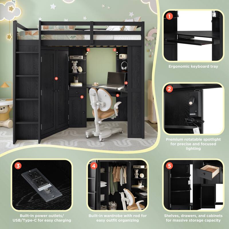 Twin Loft Bed with Integrated Wardrobe Desk Keyboard Tray Charging Station