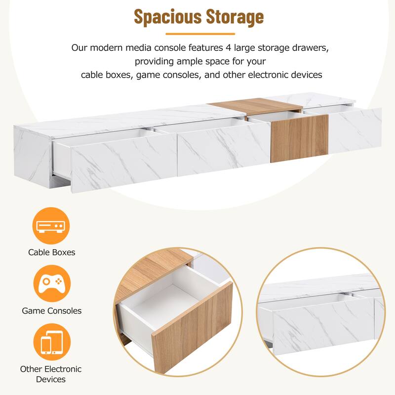 Free-Combination Wooden TV Stand, Entertainment Center with 4 Storage Drawers, Media Console Table with Faux Marble