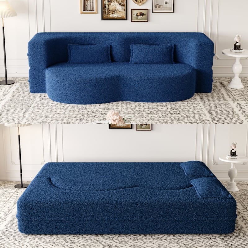 Modern Convertible Teddy Fabric Foam-Filled Sleeper Sofa Bed with 2 Pillows - Blue