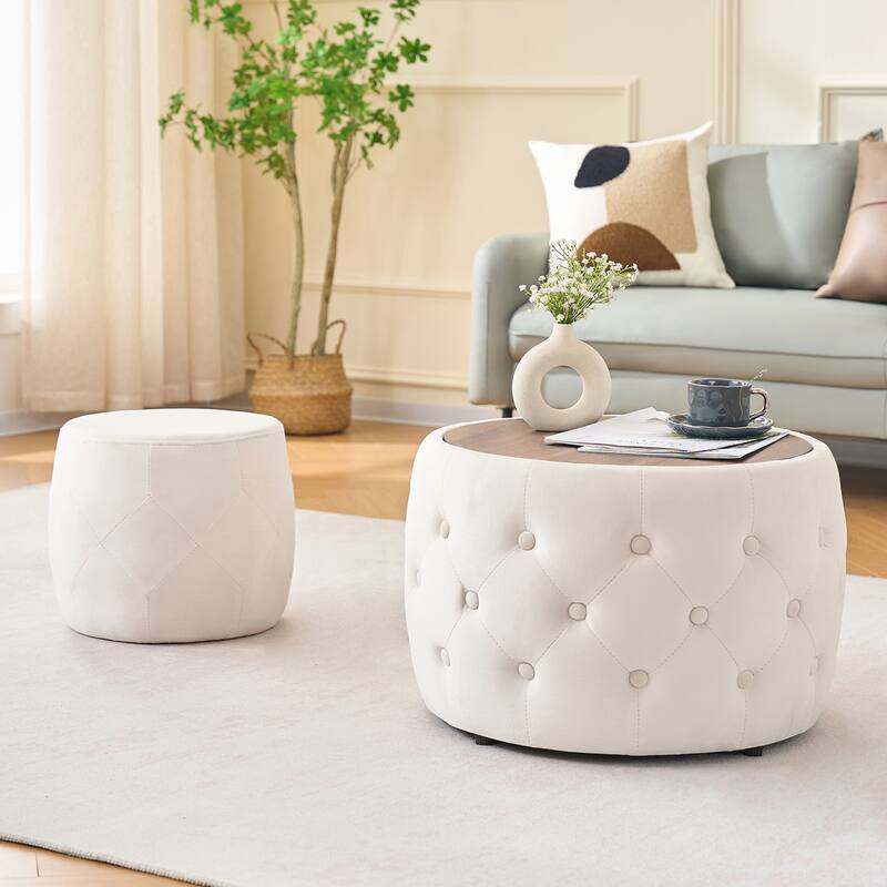 Luxurious Nesting Ottomans of 2, Round Storage Foot Stool with Wood Tray - Beige