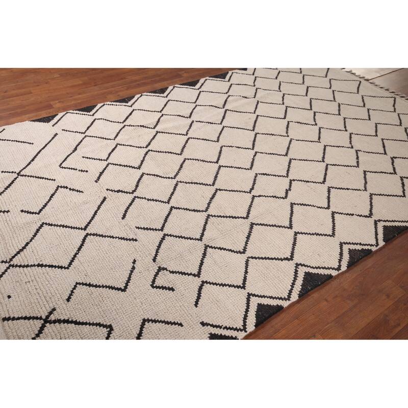 Trellis Ivory Moroccan Area Rug Handmade Geometric Wool Carpet - 5'11"x 9'8"