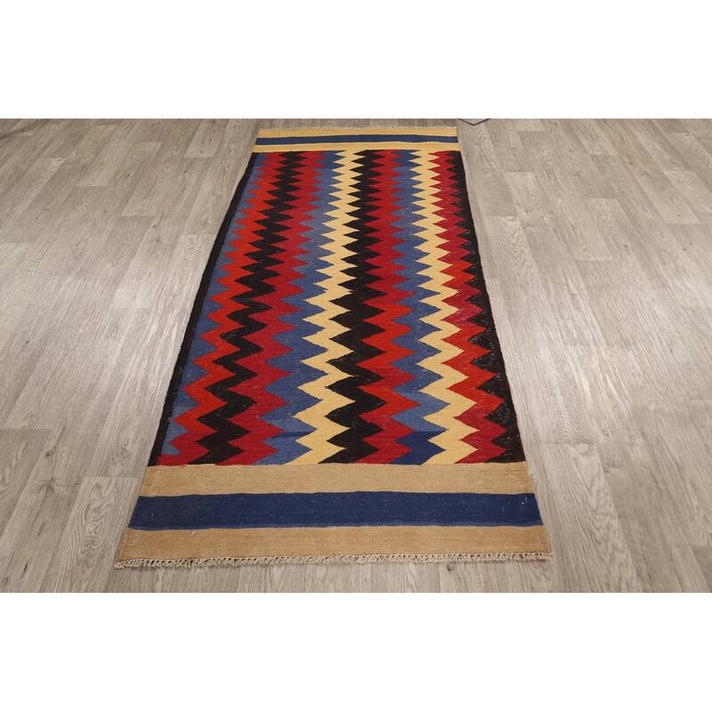 Flat-woven Geometric Chevron Kilim Oriental Hallway Runner Rug Wool - 3'1" x 6'7"