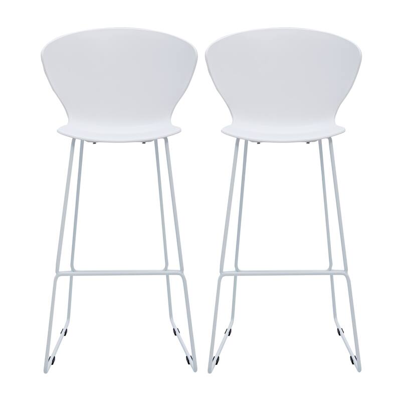 HomeRoots Set of Two 30" White and Silver Heavy Duty Plastic and Metal Low Back Bar Height Bar Chairs