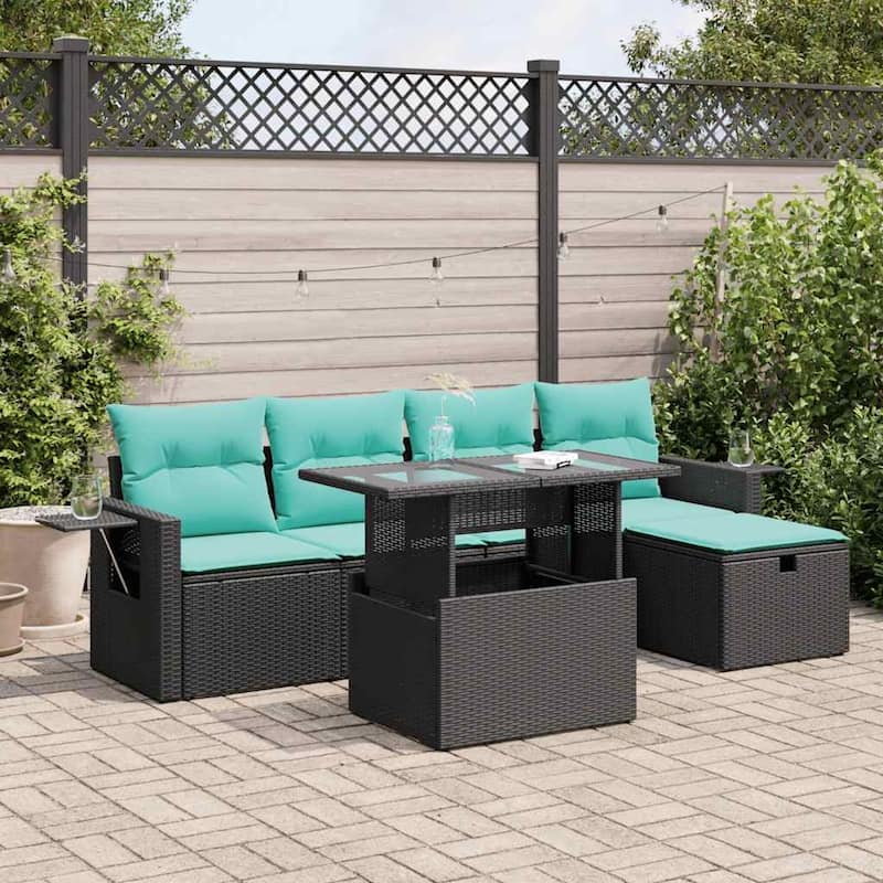 vidaXL Patio Sofa Set with Cushions and Table Outdoor Garden 6 Piece Poly Rattan - Black with storage - 24.4" x 24.4" x 27.2"