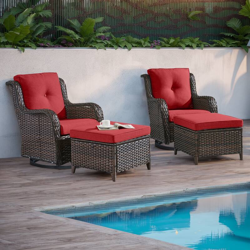 Gymojoy 4 Pieces Outdoor Wicker Swivel Glider Chairs - Brown - Red