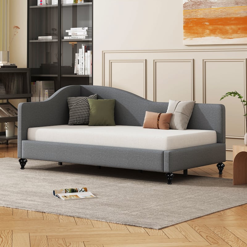 Twin Size L-Shaped Linen Daybed, with Solid Wood Legs, Gray