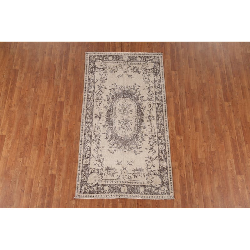 Distressed Sparta Turkish Vintage Area Rug Handmade Beige Wool Carpet - 3'8" x 6'11"