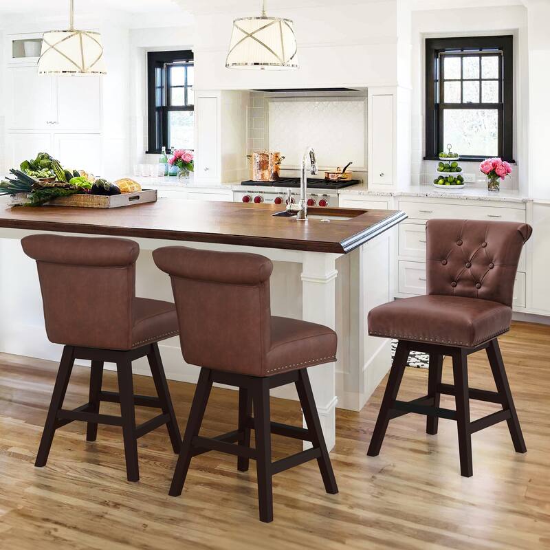 Modern 26.in Swivel Bar Stool Armless Counter Height Stool with Wooden Legs for Kitchen Island