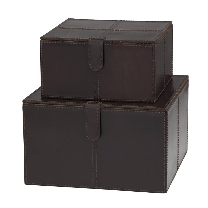 Leather Handmade Decorative Box with Hinged Lid - Set of 2 Gray, Brown, Dark Brown, Gold, Silver - Roche River Decor - Square Dark Brown - 10", 8"W