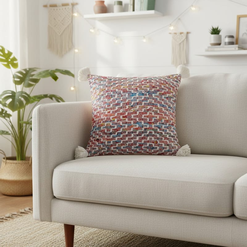 20" Red Blue And Natural Geometric Polyester Blend Throw Pillow Cover with Tassels - Cover Only - 20.00 in. x 20.00 in.  x 0.50 in. - Natural/Blue/Red - Pillow Covers