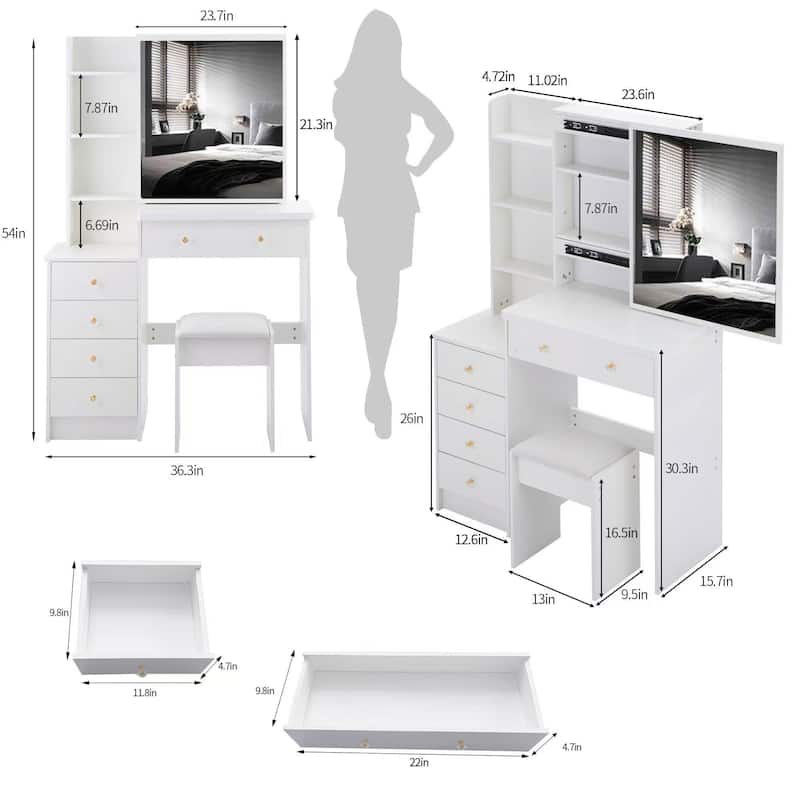 37"L Middle Size Vanity Table with Stool and Sliding Mirror