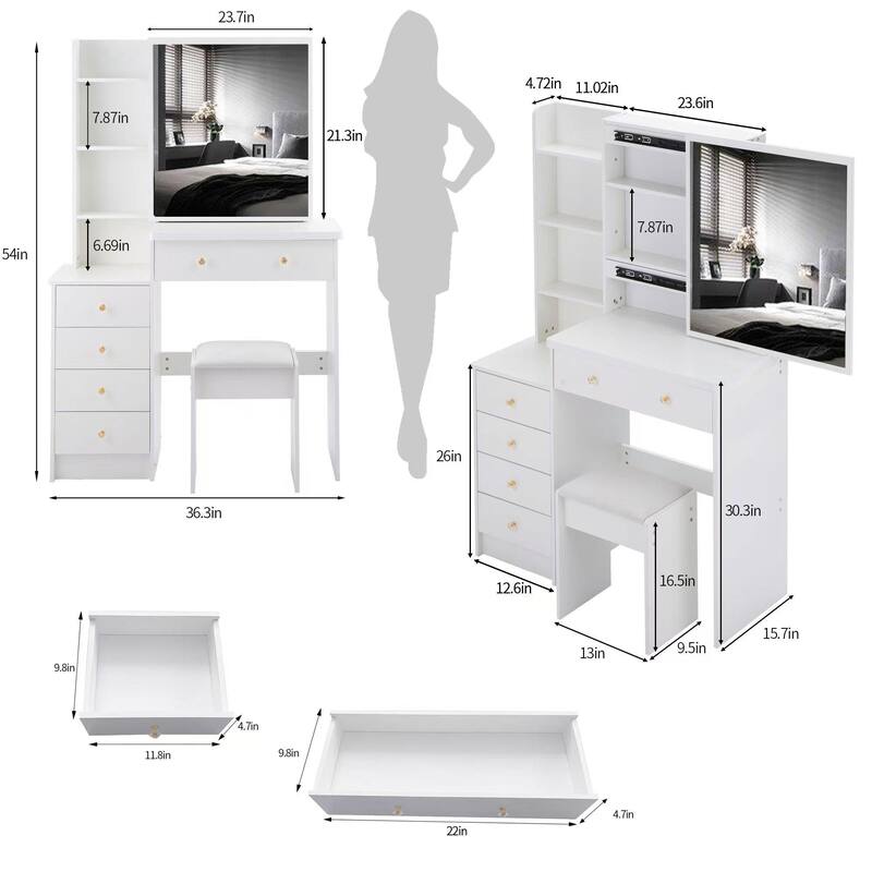 Makeup Vanity with Extra Large Sliding Mirror, 2-Piece Set with Stool, 37" Dresser with Ample Storage