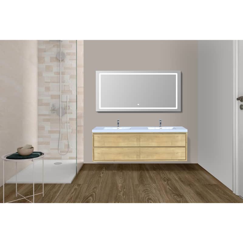 Sage 72" wall mounted bathroom vanity with double basin acrylic top - 72 - light oak