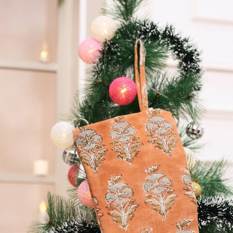 Fabdivine 16x6.5 Inches Hand Floral Block Print Christmas Stockings Tassle and Loop Perfect for Gift - 16"X6.5" - Mor Mukut- Rust, Grey - Christmas Stockings