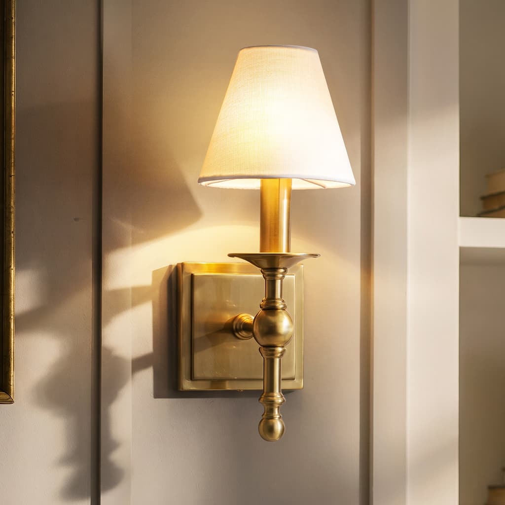1-Light Warm Brass Classic Wall Sconce With Fabric Shade Dimmable Contemporary Bath Sconce For Hallway Bathroom Bedroom