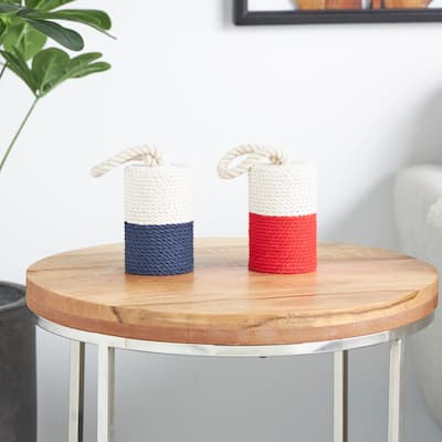 Cream Cotton Fabric Coiled Colorblock Buoy Sculpture with Red and Blue Bases (Set of 2)