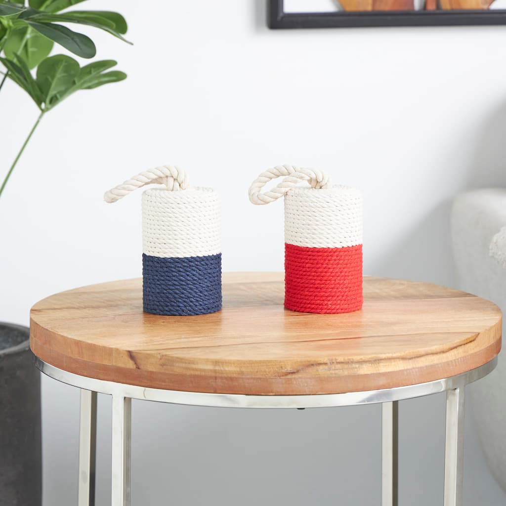 Cream Cotton Fabric Coiled Colorblock Buoy Sculpture with Red and Blue Bases (Set of 2)