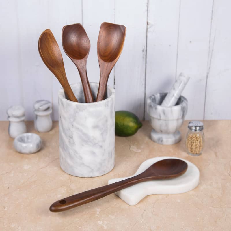 Creative Home Natural Off-White Marble Multi-Functional Tool Crock, Utensil Holder, Counter Top Organizer, 5" Diam. x 7" H