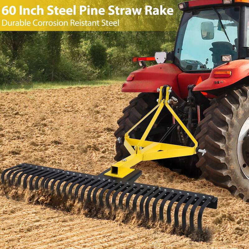 60'' Heavy Duty Rock Rake Tow-Behind Garden Tool for Compact Tractors
