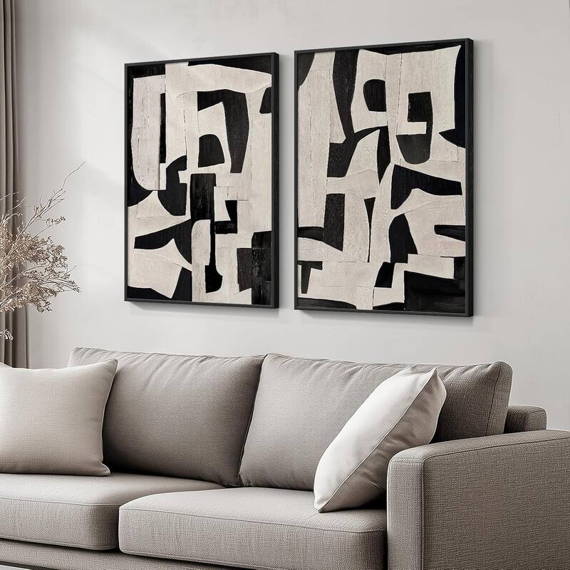 Framed Black and Beige Abstract Wall Art - 16 x 24