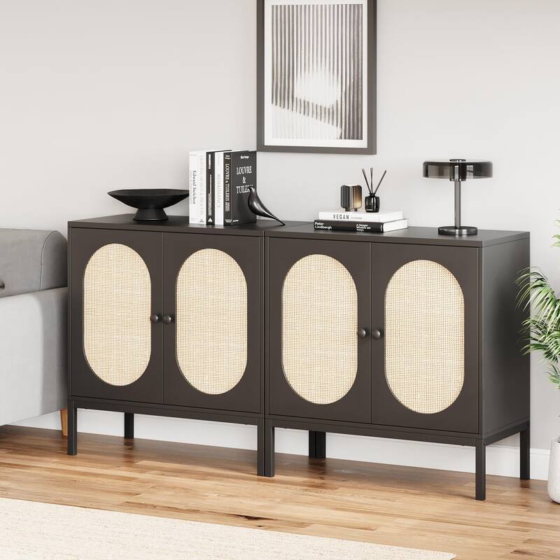 Rattan Buffet Cabinet with Natural Rattan Doors, Sideboard Storage Cabinet with Adjustable Shelf