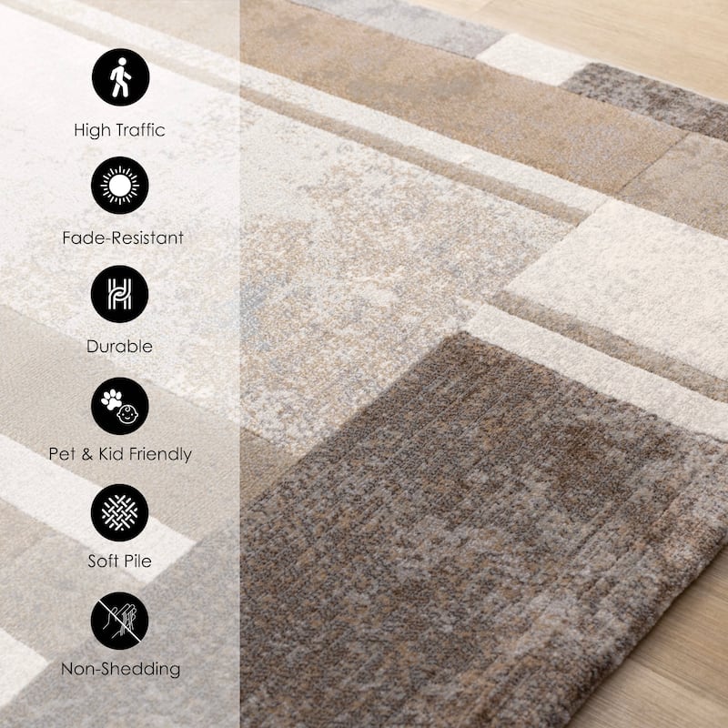 Beige Grey Geometric Overlapping Blocks High-Traffic Plush Rug