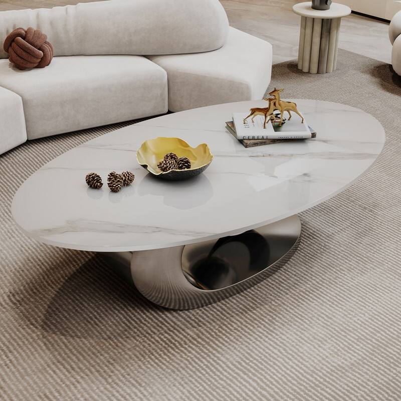 Luxury Marble Coffee Table – Featuring an Artistic Stainless Steel Base -  Grey+White