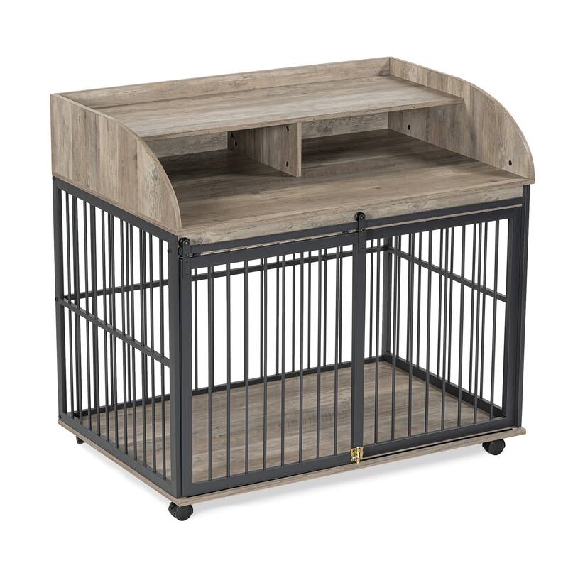 Duty Large Dog Crate Furniture with Sliding Door and Lockable Wheels, End Table Crate with Double Layer Storage