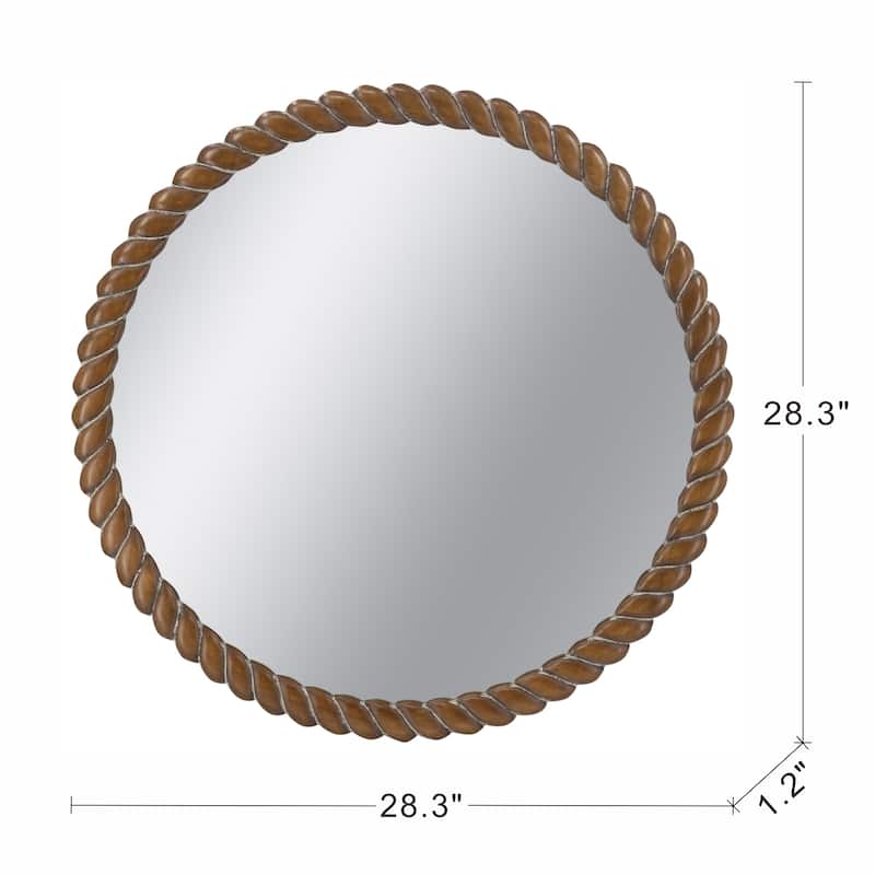 28.3x28.3" Round Wall Mirror with Pine Wood Frame, Brown