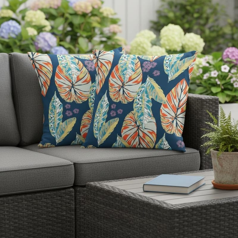 HomeRoots Set of Two 16" X 16" Blue and Orange Blown Seam Botanical Indoor Outdoor Throw Pillow - 16.00' X '16.00' X '5.00