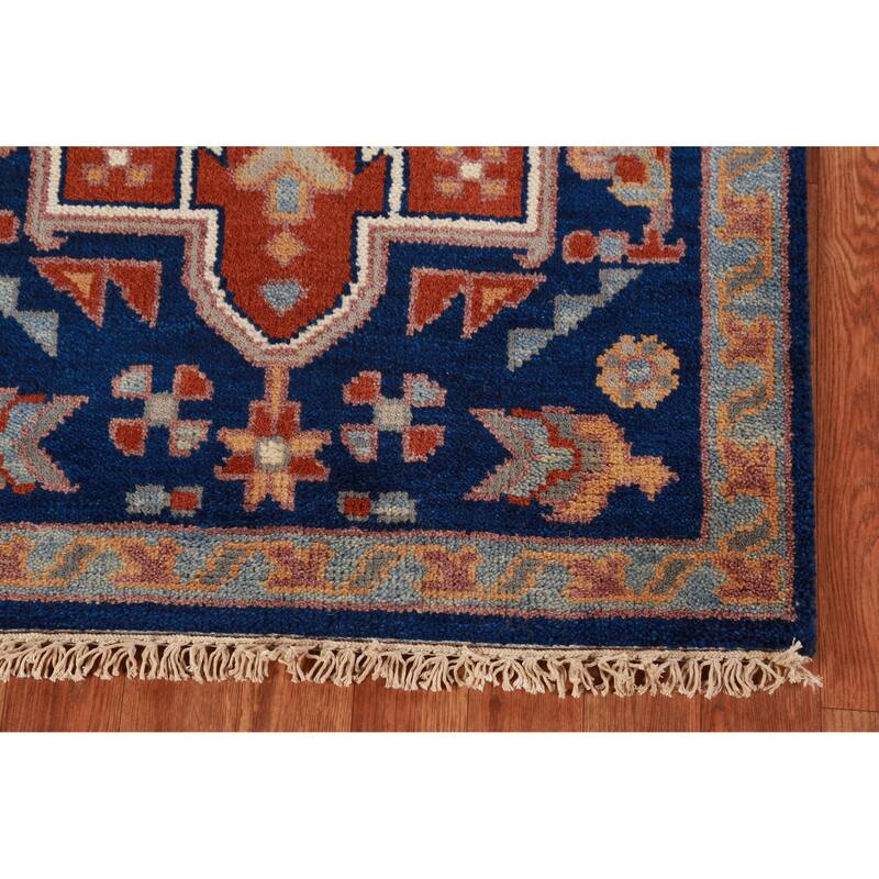 Hand Knotted Oriental 100% Wool Carpet Traditional Geometric Navy Blue & Blues Kazak Runner Rug - 7' 9'' X 2' 7''