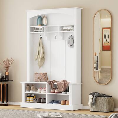 47.2''W Hall Tree with Shoe Bench Storage Cubby, Multi-functional Coat Rack with 3 Hanging Hooks & Open Storage Space