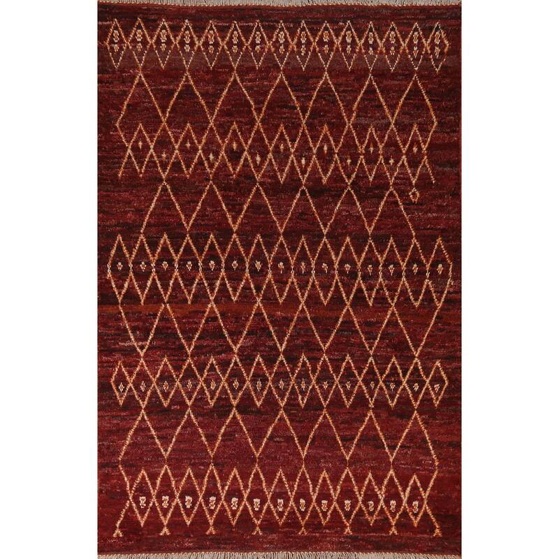 Hand Knotted Oriental 100% Wool Carpet Modern Tribal Red Moroccan Area Rug - 7' 8'' X 5' 7''