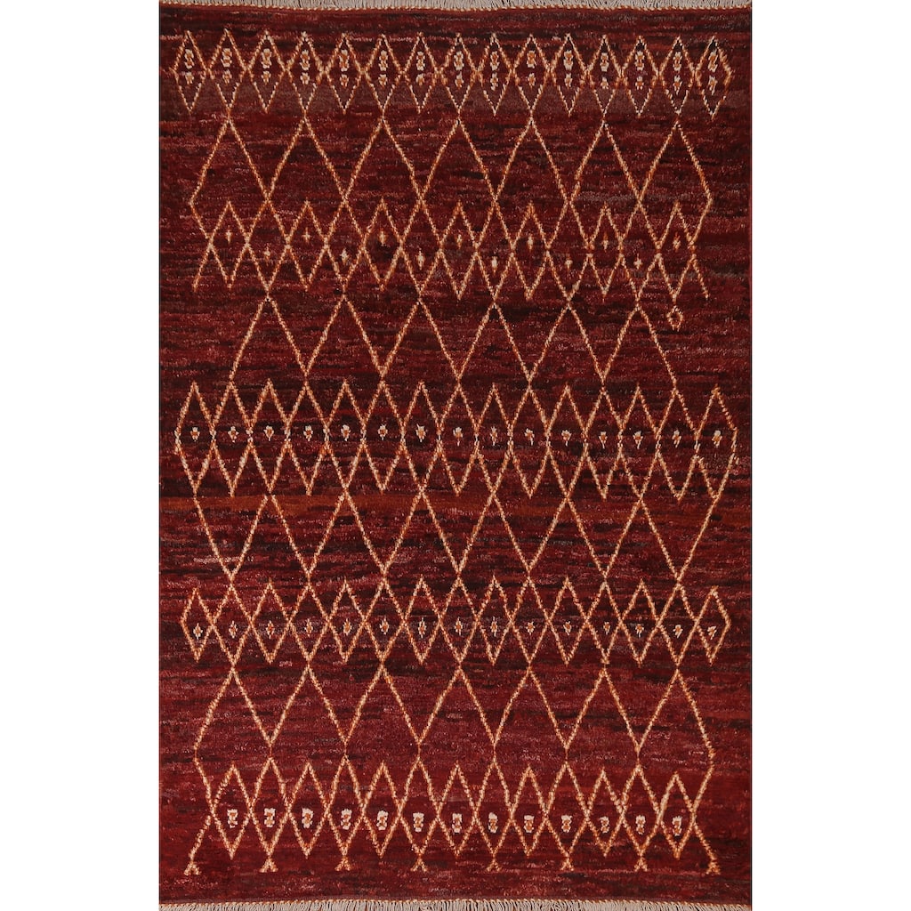 Hand Knotted Oriental 100% Wool Carpet Modern Tribal Red Moroccan Area Rug - 7' 8'' X 5' 7''