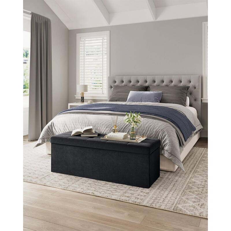 Velvet Padded Storage Ottoman Bench with Foldable Design and Hidden Compartment for Living Room or Bedroom
