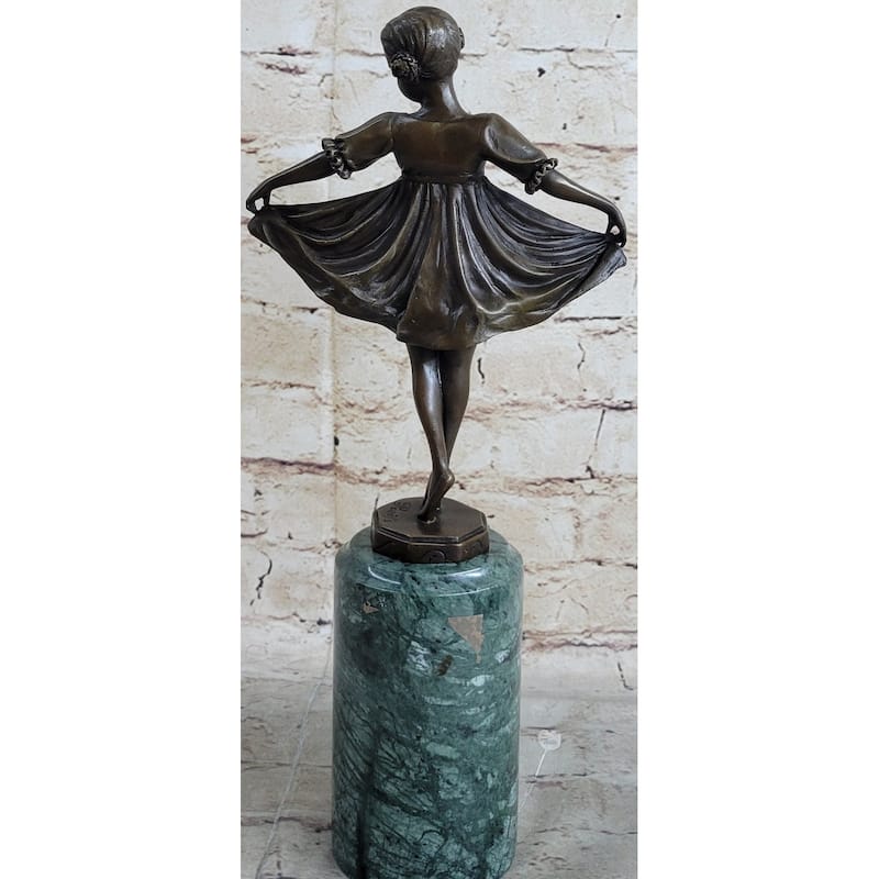 Curtsying Ballerina Girl Ballet Dancer Child Bronze Sculpture Statue Figure On Green Marble Base