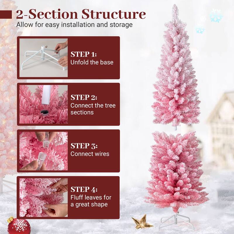 Gymax Pre-Lit Christmas Tree Slim Pencil Xmas Tree w/ Snow Flocked PVC