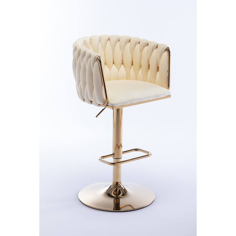 Set of 2 Bar Stools,with Chrome Footrest and Base Swivel Height Adjustable Mechanical Lifting Velvet + Golden Leg