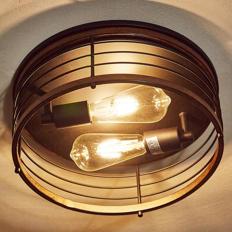 2 Light 13" Caged Drum Farmhouse Flush Mount - 13"x5.85"