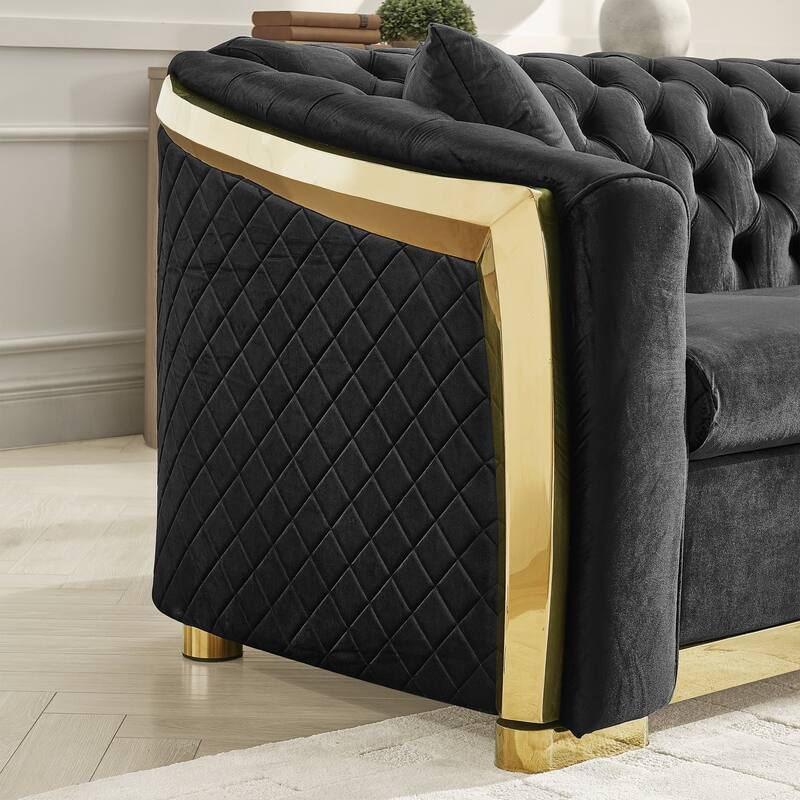 84" 3-Seater Velvet Button Tufted Sofa with Gold Steel Decoration